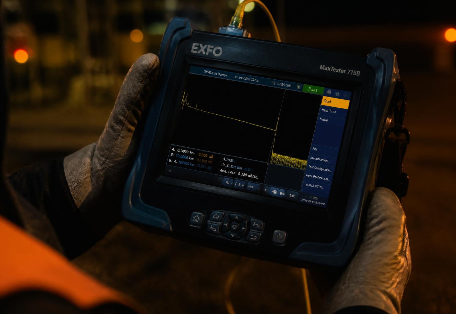 Technician reading an OTDR trace on site at night
